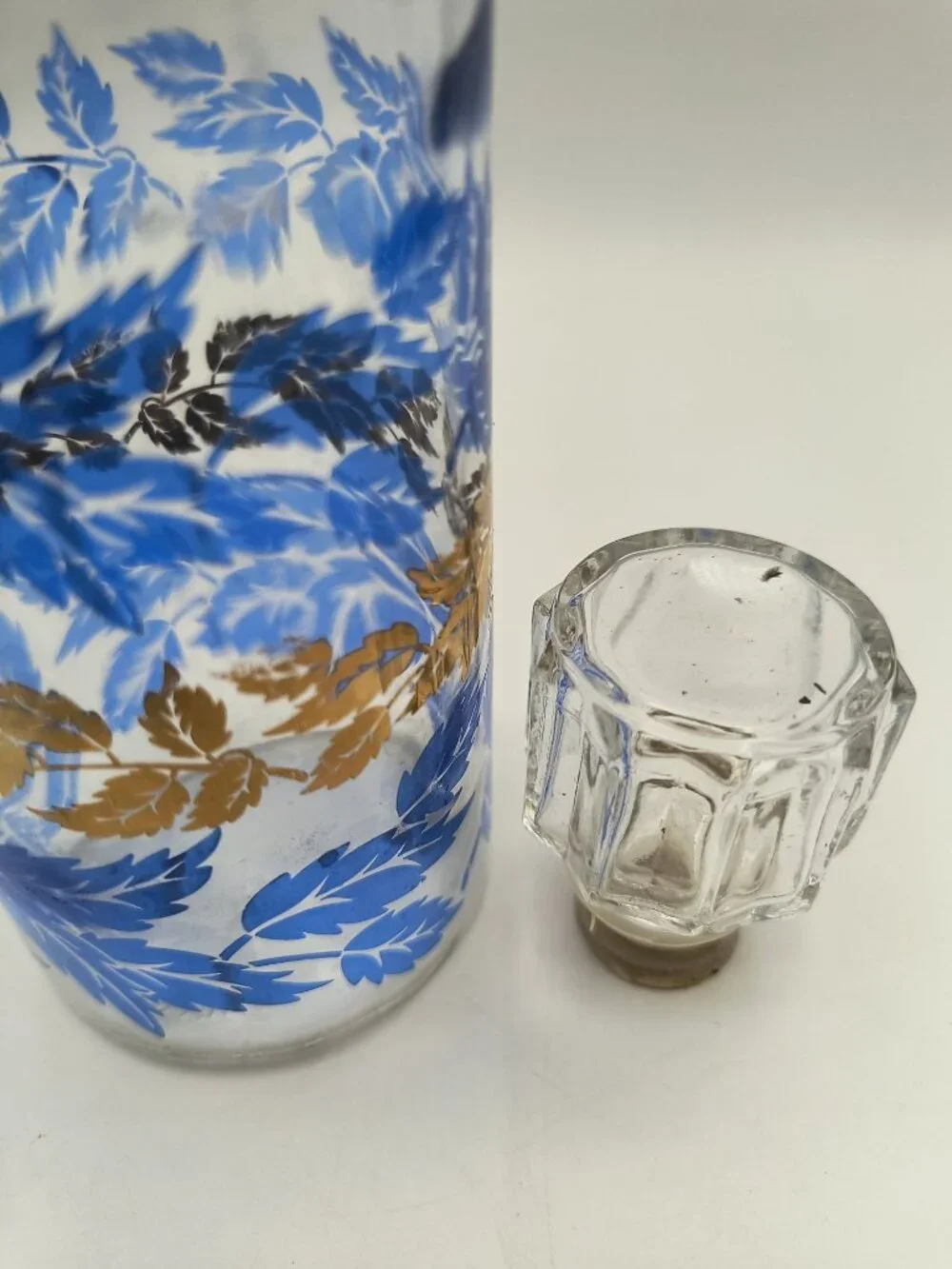 Vintage French Glass Decanter 1 Small Glass Blue Gold Leaf Design Perfect Mouthw